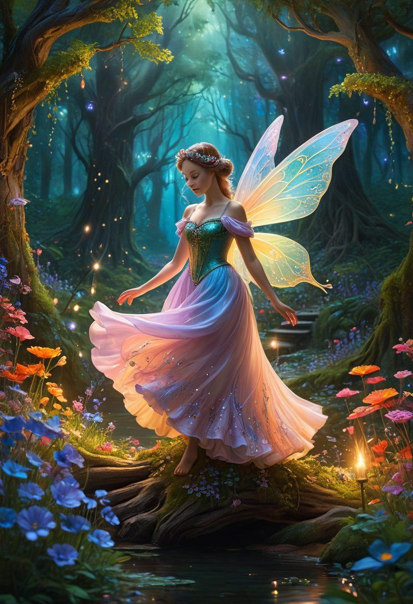 A whimsical fairy surrounded by various artistic tools like paintbrushes, musical instruments, and poetry scrolls, floating amidst a vibrant, enchanted forest filled with colorful flowers and sparkling lights. The fairy has a radiant, joyful expression, symbolizing creativity and connection. Ethereal wisps of magic swirl around her, representing the fusion of arts and culture. The scene is alive with color and a sense of wonder. super-realistic. vibrant colors. fantasy art.