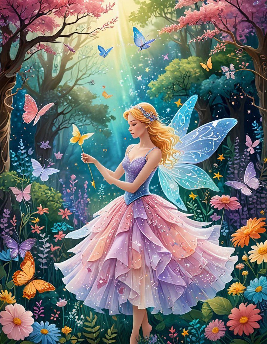 A fantastical illustration of celebrity icons depicted as whimsical fairies, fluttering among vibrant blossoms in a dreamy garden. The fairies showcase unique artistic expressions related to their personas, such as paintbrushes, musical notes, and film reels. A magical, shimmering background filled with twinkling stars and soft pastel colors enhances the enchanting atmosphere. super-realistic. vibrant colors. fantasy art.